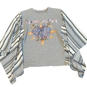 Bon Jovi Keep The Faith Reworked Graphic Tee Striped Oversized Bell Sleeve Grey